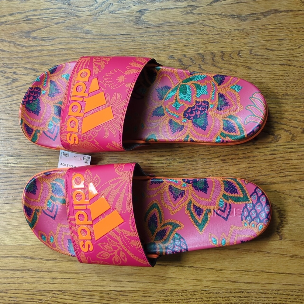 NWT FARM Rio Slide Sandals Adidas Collaboration Women's Size 11 Red Floral Print - Picture 3 of 14